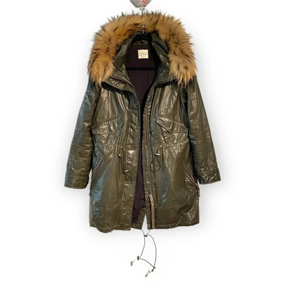 SAM. NYC Devon  Parka in Khaki Green Raccoon - Picture 2 of 16